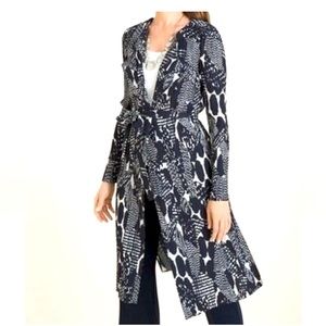 Chico’s Traveling Pleated Belted Duster, Size 3, Navy Blue, Cobalt Blue & White